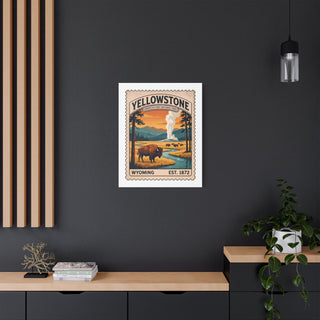 Large Yellowstone vintage stamp canvas print on a dark accent wall