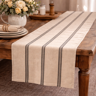 Black and beige striped cotton table runner on a rustic wood dining table – Artisan Grove