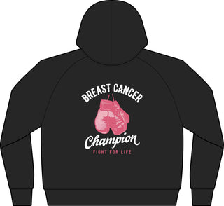 Back of the Breast Cancer Champion zip hoodie in Black showing pink boxing gloves, Champion script and Fight for Life