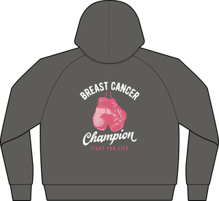 Back of the Breast Cancer Champion zip hoodie in Washed Coal showing pink boxing gloves and Fight for Life