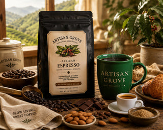 Artisan Grove African Espresso medium-dark roast coffee bag with an espresso cup beside a green Artisan Grove Mercantile mug
