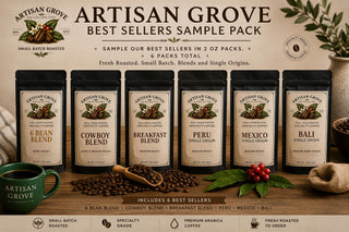 Artisan Grove Best Sellers Sample Pack: six 2 oz coffee sample bags with a green Artisan Grove mug