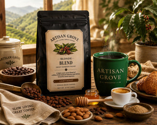 Artisan Grove Blonde Blend light roast coffee bag with honey and espresso beside a green Artisan Grove Mercantile mug