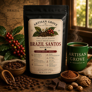 Artisan Grove Brazil Santos single origin coffee bag beside a green Artisan Grove Mercantile mug