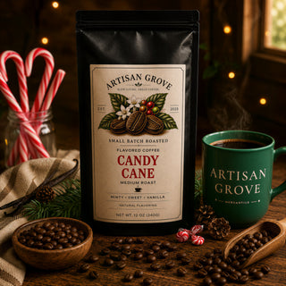 Artisan Grove Candy Cane flavored coffee bag with candy canes, peppermints and a green Artisan Grove Mercantile mug