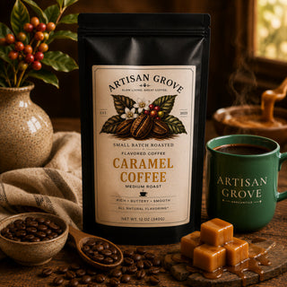 Artisan Grove Caramel flavored coffee bag beside a green Artisan Grove Mercantile mug