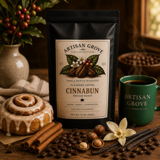 Artisan Grove Cinnabun flavored coffee bag beside a green Artisan Grove Mercantile mug