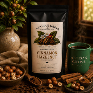 Artisan Grove Cinnamon Hazelnut flavored coffee bag beside a green Artisan Grove Mercantile mug