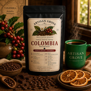 Artisan Grove Colombia single origin coffee bag beside a green Artisan Grove Mercantile mug