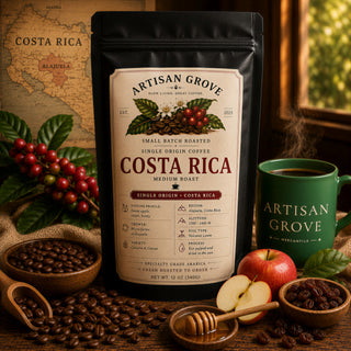 Artisan Grove Costa Rica single origin coffee bag beside a green Artisan Grove Mercantile mug