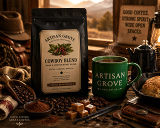 Artisan Grove Cowboy Blend coffee bag beside a green Artisan Grove Mercantile mug