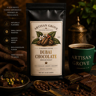 Artisan Grove Dubai Chocolate flavored coffee bag beside a green Artisan Grove Mercantile mug