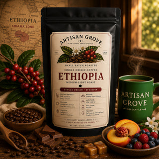 Artisan Grove Ethiopia single origin coffee bag beside a green Artisan Grove Mercantile mug