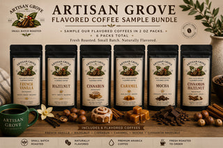 Artisan Grove Flavored Coffee Sample Bundle: six 2 oz flavored coffee sample bags with a green Artisan Grove mug