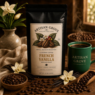 Artisan Grove French Vanilla flavored coffee bag beside a green Artisan Grove Mercantile mug