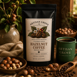 Artisan Grove Hazelnut flavored coffee bag beside a green Artisan Grove Mercantile mug