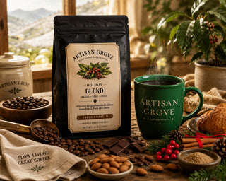 Artisan Grove Holiday Blend coffee bag with pine, holly and cinnamon beside a green Artisan Grove Mercantile mug