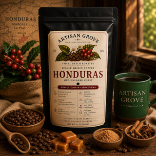Artisan Grove Honduras single origin coffee bag beside a green Artisan Grove Mercantile mug