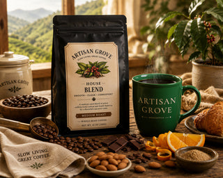 Artisan Grove House Blend coffee bag beside a green Artisan Grove Mercantile mug