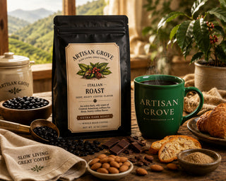 Artisan Grove Italian Roast extra dark roast coffee bag with biscotti and chocolate beside a green Artisan Grove Mercantile mug