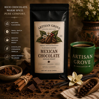 Artisan Grove Mexican Chocolate flavored coffee bag beside a green Artisan Grove Mercantile mug