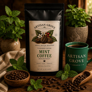 Artisan Grove Mint flavored coffee bag beside a green Artisan Grove Mercantile mug