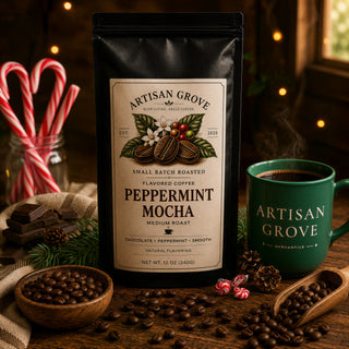 Artisan Grove Peppermint Mocha flavored coffee bag with candy canes and chocolate beside a green Artisan Grove Mercantile mug