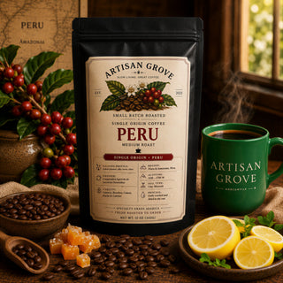 Artisan Grove Peru single origin coffee bag with salted caramel and lemon beside a green Artisan Grove Mercantile mug