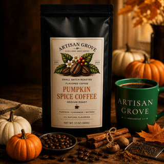 Artisan Grove Pumpkin Spice flavored coffee bag beside a green Artisan Grove Mercantile mug