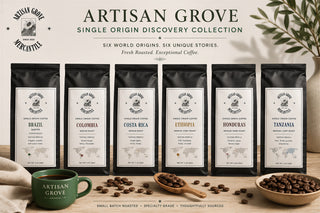 Artisan Grove Single Origin Discovery Collection: six 2 oz single origin coffee sample bags with a green Artisan Grove mug