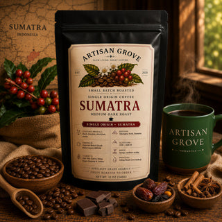 Artisan Grove Sumatra single origin coffee bag with dark chocolate and dried fruit beside a green Artisan Grove Mercantile mug