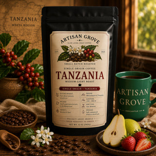 Artisan Grove Tanzania single origin coffee bag beside a green Artisan Grove Mercantile mug