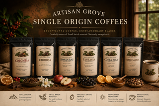 Artisan Grove Single Origin Coffee Sample Pack with six 2 oz coffee bags, roasted beans, coffee cherries, and a steaming mug on a rustic wooden table.