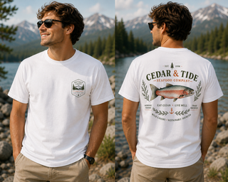 A man wearing a white short-sleeve t-shirt with a small black chest logo on the front and a large back graphic featuring a salmon, 'CEDAR & TIDE SEAFOOD COMPANY,' and decorative text. The photo is split into front and back views, set outdoors against a lake, trees, and mountains.