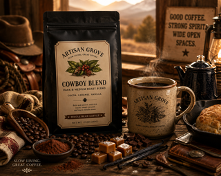 Artisan Grove Cowboy Blend Coffee served in a rustic ceramic mug beside a cast-iron skillet, leather journal, and campfire-inspired breakfast on a weathered wooden table.