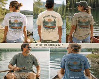 Six-panel collage showing the back of a Comfort Colors t-shirt in multiple colors: white, ivory, khaki, bay, and blue jean. The shirts feature a large scenic graphic of a sunset canoe on a lake with the text 'ARTISAN GROVE' and 'LIVE - PASSABLE - EXPEDITE'.