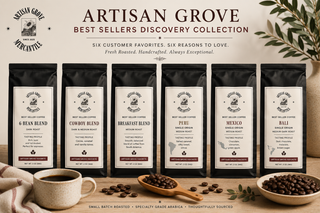 Artisan Grove Best Sellers Discovery Collection featuring six fresh roasted coffee sample bags including signature blends and premium single origin coffees.