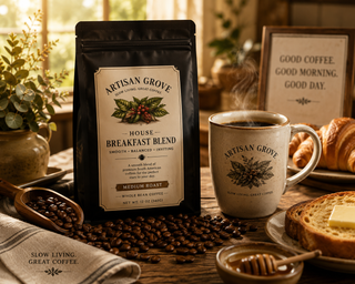 Artisan Grove House Breakfast Blend coffee served in a ceramic mug with toasted pastries on a rustic farmhouse breakfast table.