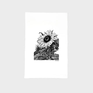 White cotton tea towel with a black vintage-style sunflower illustration