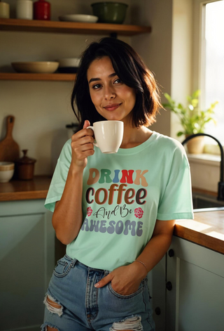 Drink Coffee & Be Awesome organic cotton coffee lover t-shirt with colorful retro typography by Artisan Grove.
