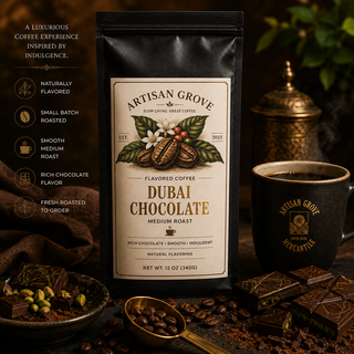 Artisan Grove Dubai Chocolate Coffee with dark chocolate pieces, ceramic coffee mug and fresh roasted coffee beans on a rustic wooden table.