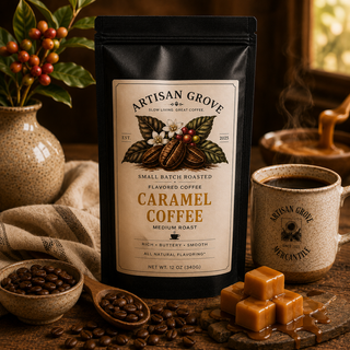 Artisan Grove Caramel Coffee displayed in a premium black coffee bag with buttery caramel pieces, roasted coffee beans, a steaming ceramic mug, and a rustic wooden table in warm natural light.