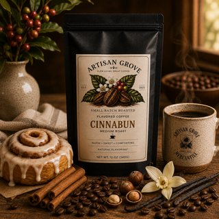 Artisan Grove Cinnabun Coffee displayed with a fresh cinnamon roll, cinnamon sticks, vanilla beans, roasted coffee beans, and a steaming ceramic mug on a rustic wooden table in warm natural light.