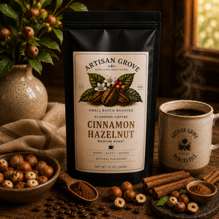 Artisan Grove Cinnamon Hazelnut Coffee displayed in a premium black coffee bag with toasted hazelnuts, cinnamon sticks, roasted coffee beans, and a steaming ceramic mug on a rustic wooden table in warm natural light.