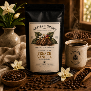 Artisan Grove French Vanilla Coffee displayed with a ceramic mug, vanilla beans and freshly roasted coffee beans.