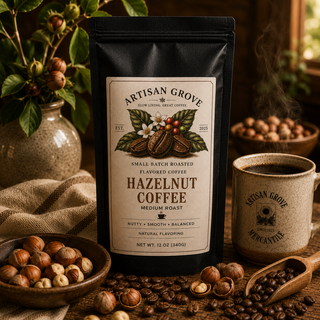 Artisan Grove Hazelnut Coffee displayed with whole hazelnuts, toasted hazelnuts, coffee beans and a steaming ceramic mug on a rustic wooden table.