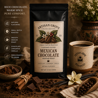 Artisan Grove Mexican Chocolate Coffee displayed with dark chocolate, cinnamon sticks, vanilla beans and a steaming ceramic coffee mug on a rustic wooden table.