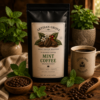 Artisan Grove Mint Coffee with fresh mint sprigs, ceramic coffee mug and fresh roasted coffee beans on a rustic wooden table.