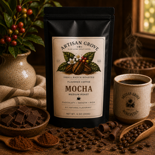 Artisan Grove Mocha Coffee displayed in a premium black coffee bag with dark chocolate pieces, cocoa powder, roasted coffee beans, and a steaming ceramic mug on a rustic wooden table in warm natural light.