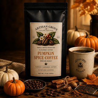 Artisan Grove Pumpkin Spice Coffee displayed with mini pumpkins, cinnamon sticks, nutmeg and a steaming ceramic mug on a rustic wooden table.